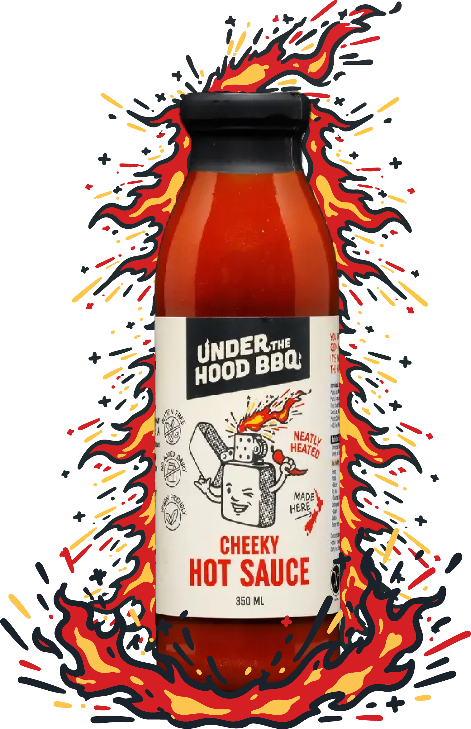 Under the Hood BBQ Cheeky Hot Sauce bottle